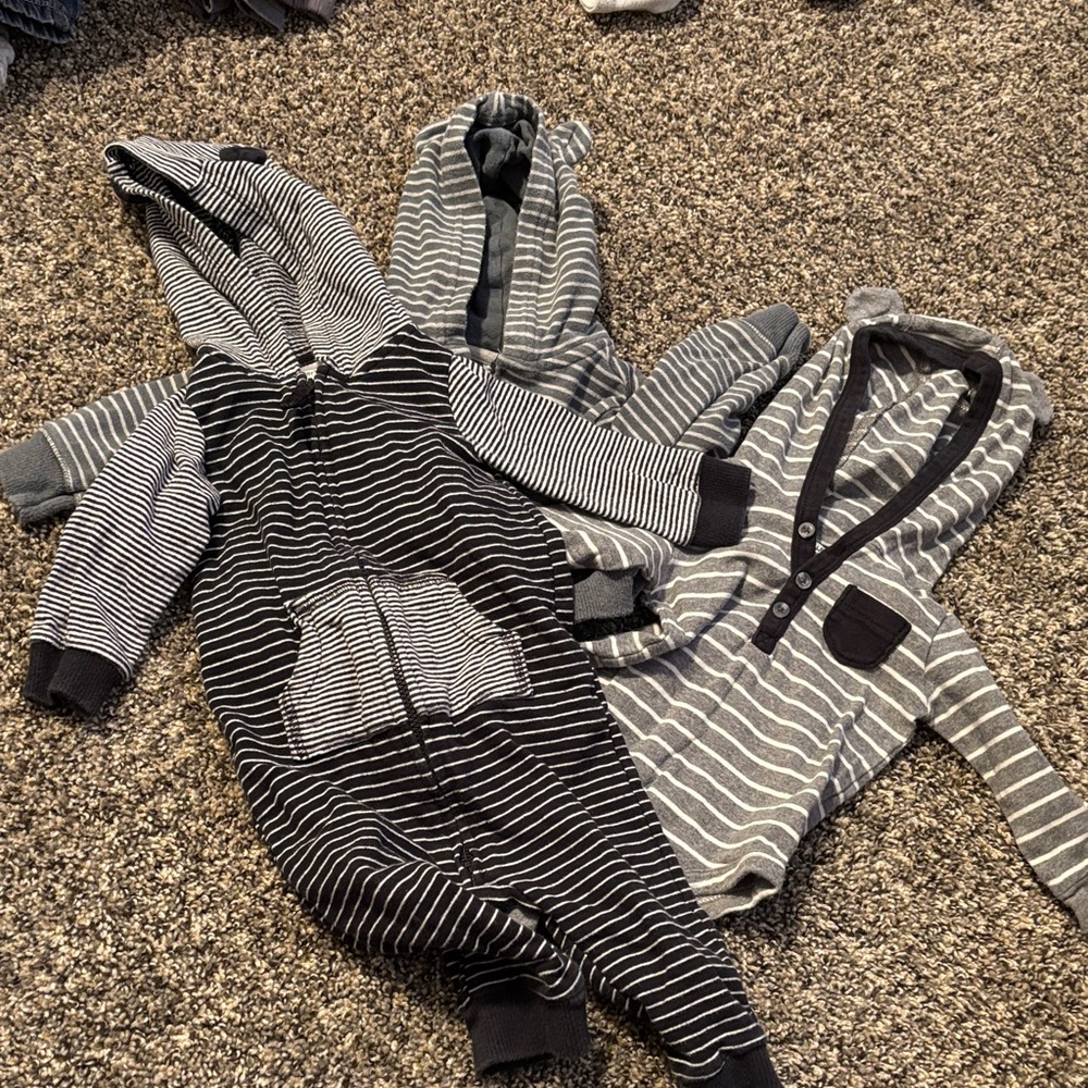 Bundle of 3 Carters Striped Clothing Items - Romper, Jacket, and sleeved onesie